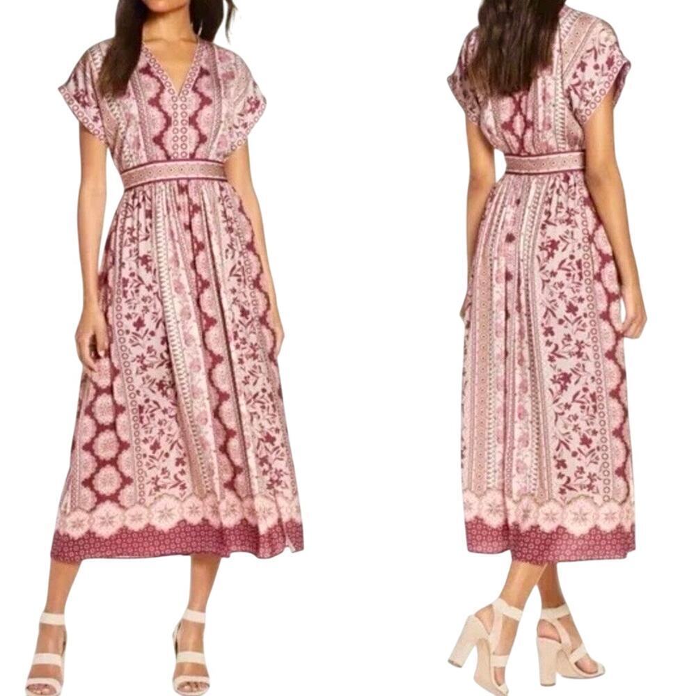 Gal Meets Glam Dress Liza Floral Midi Pink Burgundy Short Sleeve Modest 6